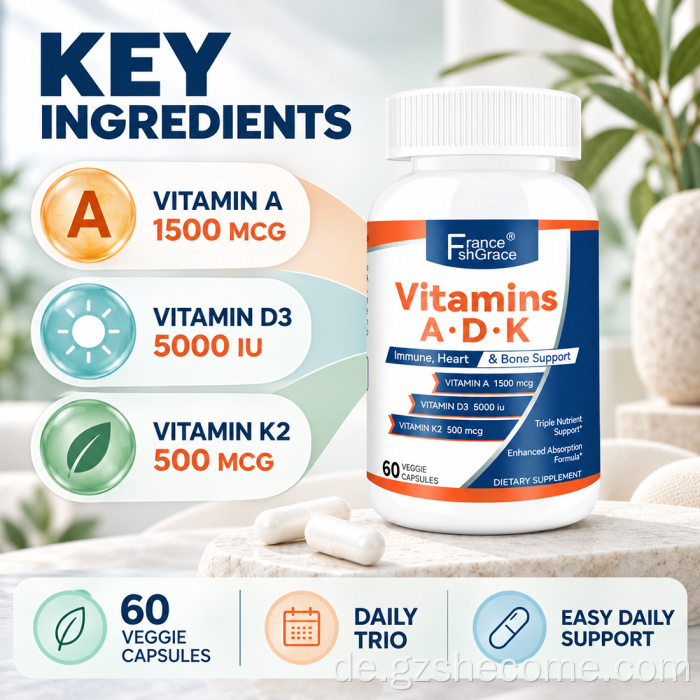 Shecome Vitamin ADK-Kapseln zur Unterstützung des Immunsystems und der Herz- und Knochenknochen
